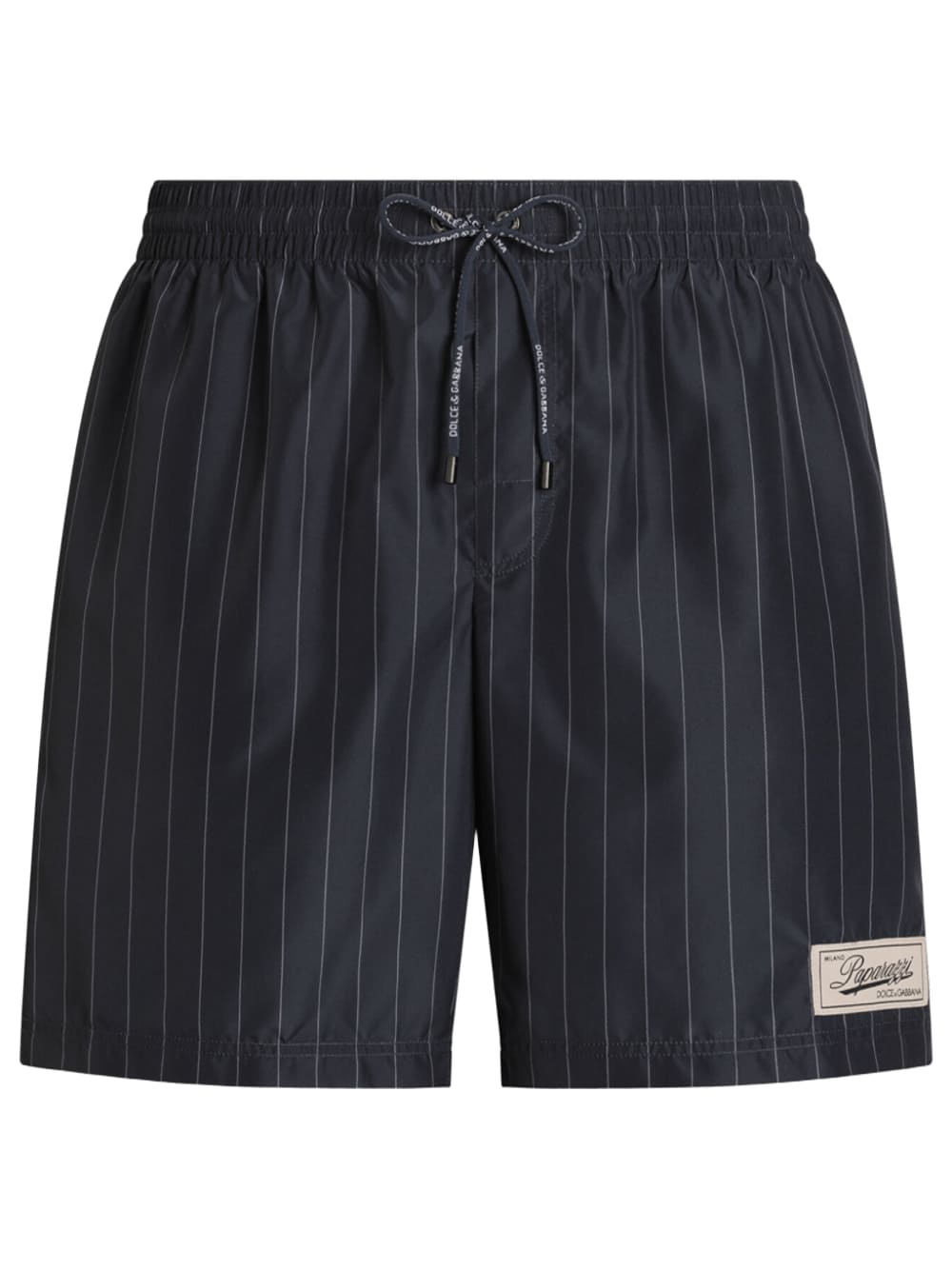 Dolce & Gabbana Paparazzi Logo-Patch Pinstripe Swim Shorts