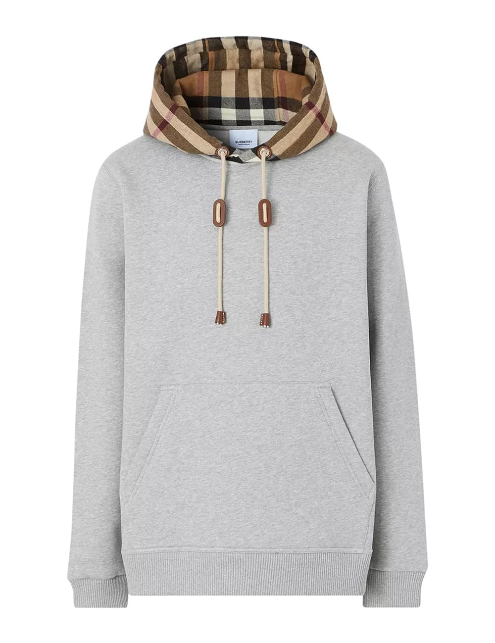 Burberry Check Trim Hooded Cotton Sweatshirt Gray