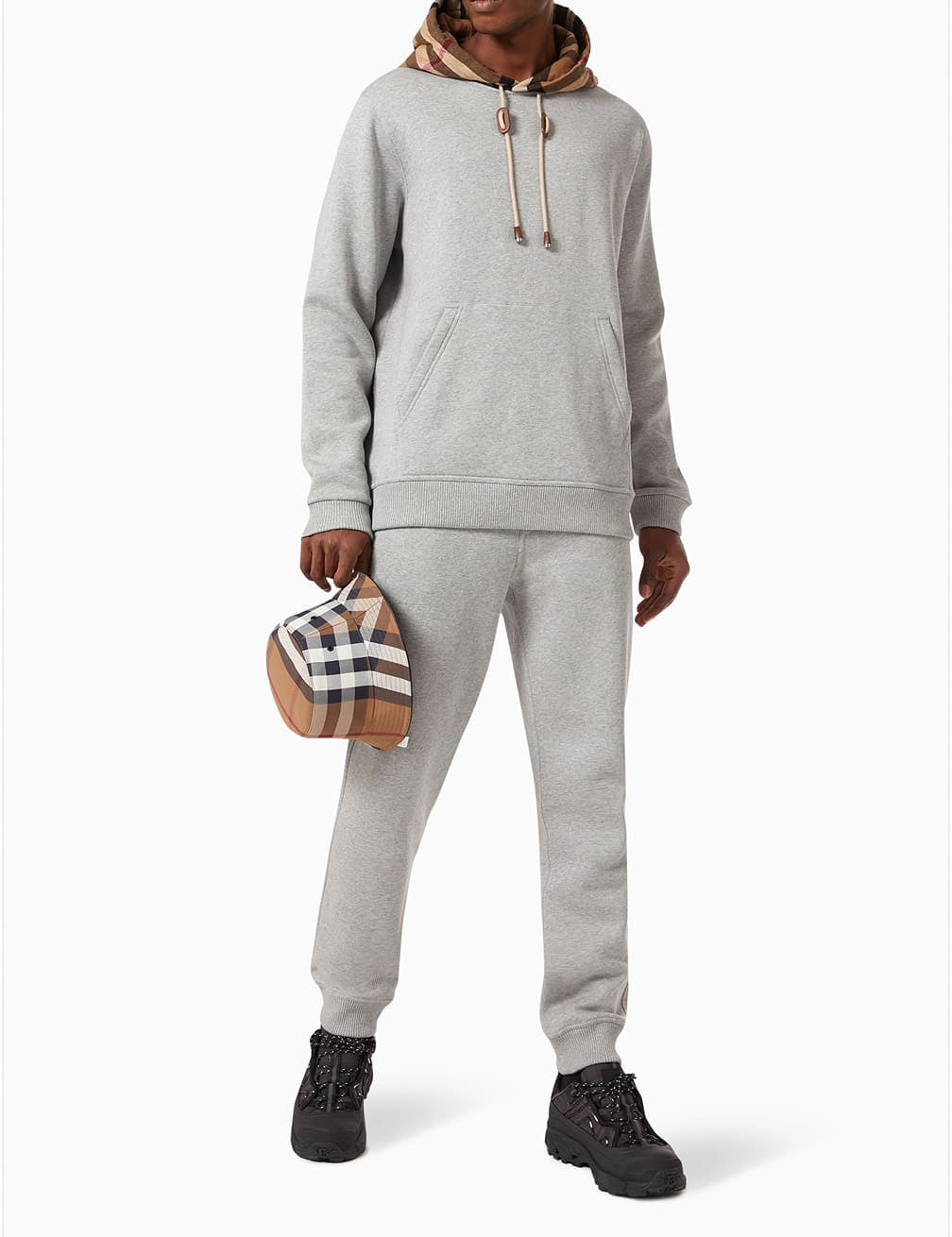 Burberry Check Trim Hooded Cotton Sweatshirt Gray